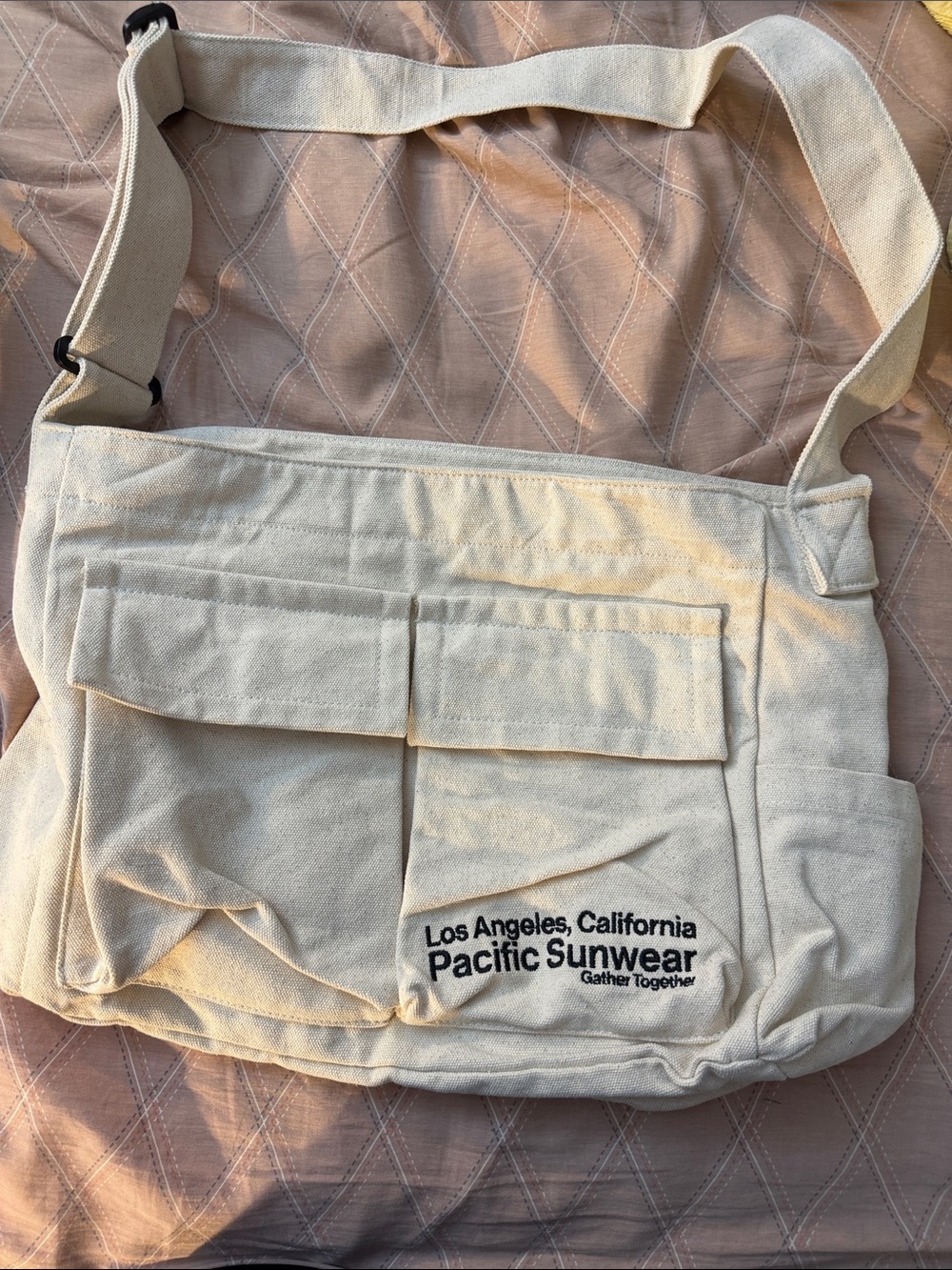 Pacific Sunwear Cream Canvas Crossbody Shoulder Bag with Front Pockets